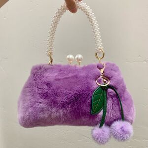 Handmade Real Rex Rabbit Fur Kisslock Wristlet/Crossbody & Mink Fur Bag Charm